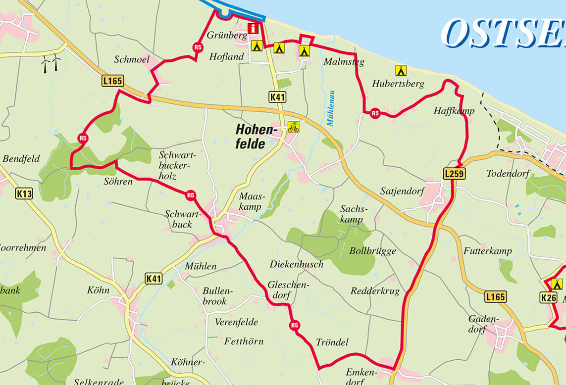 Radfahrroute von Hohenfeld Strand über Emkendorf, Gleschendorf, Schwartbuck, Schmoel